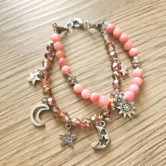 Boho Quartzite & Glass Two Strand Charm Bracelet Semi Precious Stone 7" NWOT - Picture 1 of 10
